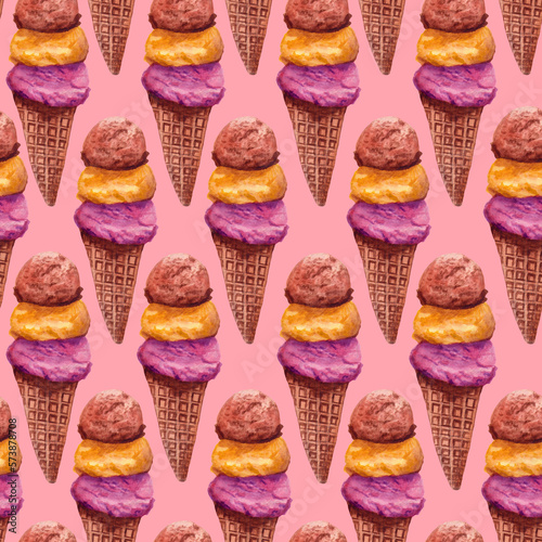  ice cream balls watercolor seamless pattern dessert sweet illustration hand drawn wallpaper background