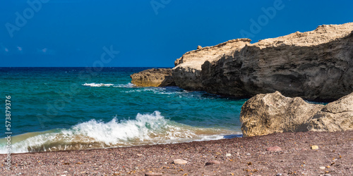 Beach of Los Escullos, Cabo de Gata-Níjar Natural Park, UNESCO Biosphere Reserve, Hot Desert Climate Region, Almería, Andalucía, Spain, Europe