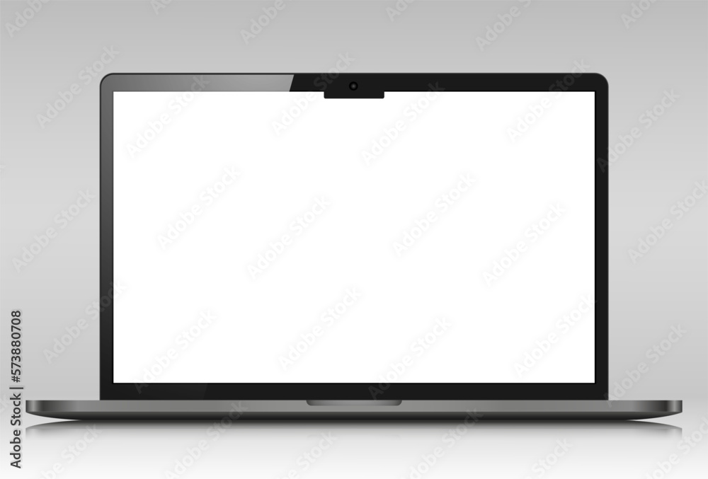 The layout of a modern laptop with a reflection on a gray background. A realistic laptop with a dark silver case and a white screen. Vector eps 10.