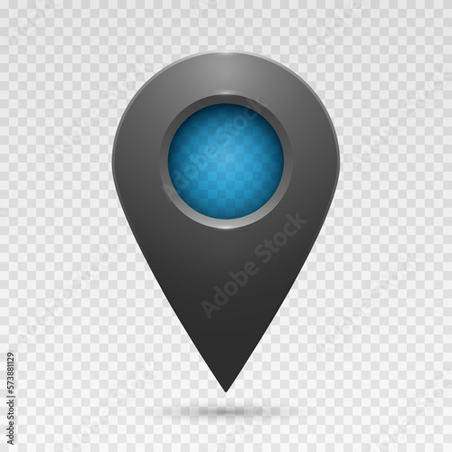 The geolocation icon is dark gray with highlights and a blue insert on a transparent background. Realistic geolocation map pin code icon. Vector EPS 10.