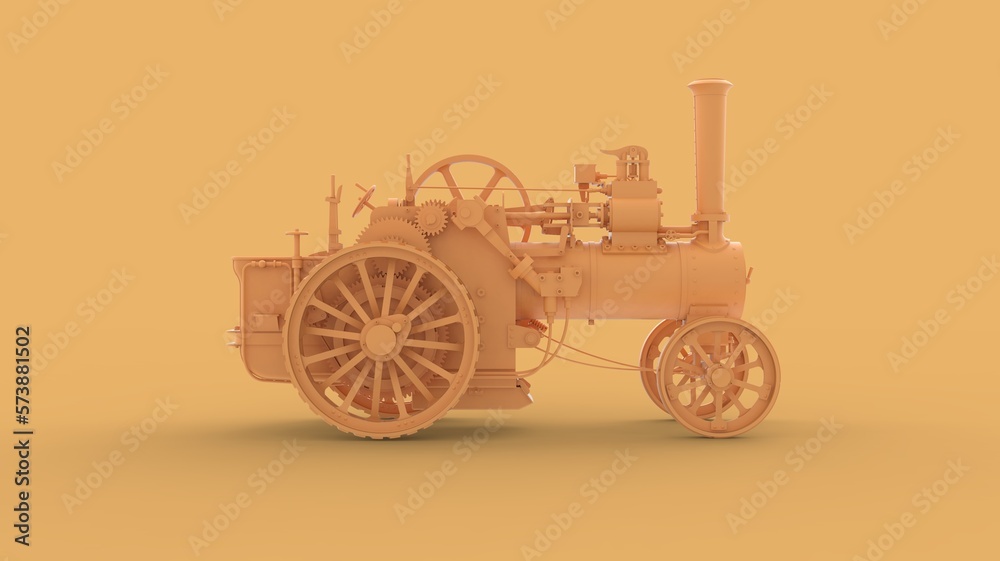 Fototapeta premium Concept style agriculture farming retro tractor machine with engine power 3d rendering image isolated on solid background left side view