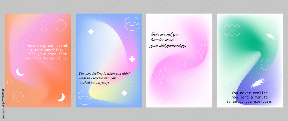 Vector set of posters. Minimal layout with bright gradient blur. Cute posters with geometric shapes. Modern design of invitations, wallpapers for social networks, posters, banners, flyers.