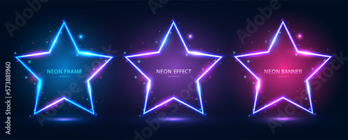 A set of neon frames in the shape of a star with shining effects and highlights on a dark blue background. Futuristic sci-fi modern neon glowing banners. Vector illustration.