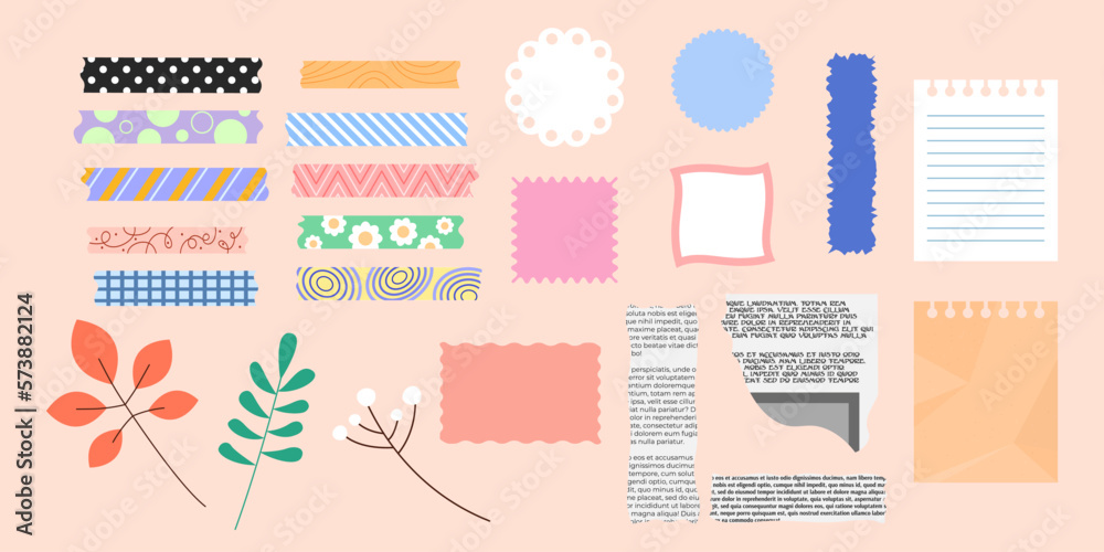 Scrapbooking elements isolated. Vector set of design objects for crafting. Journaling hobby. Collection of blank paper notes, newspaper clipping, leaves, decorative adhesive tapes. Scrapbook materials