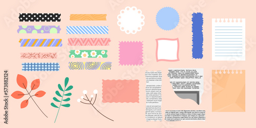Scrapbooking elements isolated. Vector set of design objects for crafting. Journaling hobby. Collection of blank paper notes, newspaper clipping, leaves, decorative adhesive tapes. Scrapbook materials