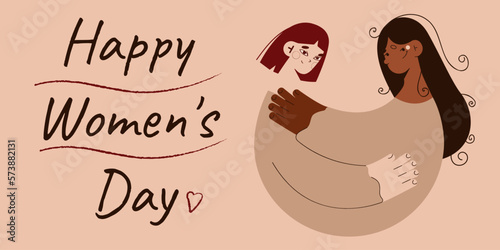 International Women's Day.Girls hug and support each other.Happy Women's Day,banner,card.Happy and Friendship concept.