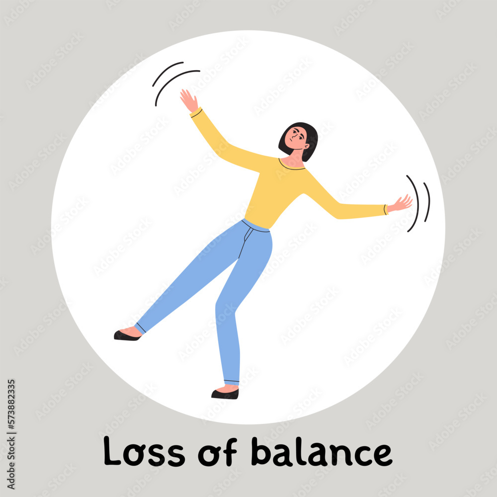 Young woman loss of balansce. Female feeling unwell and start falls. Flat vector medical symptoms ilustration