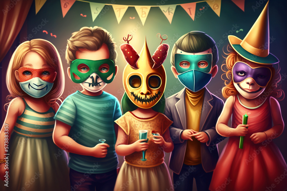 Children have fun at the masked party, illustration generative ai