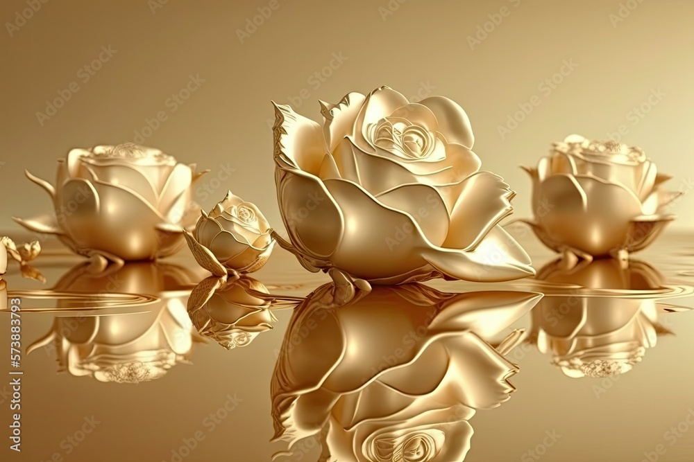3d wallpaper, gold flowers, wall art, ai generated Stock Illustration