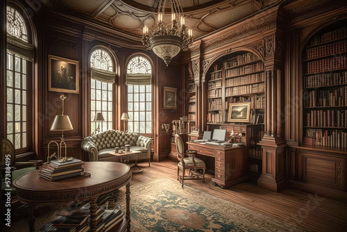 A grand and historic library with towering bookcases, antique furnishings, and a quiet atmosphere - Generative AI