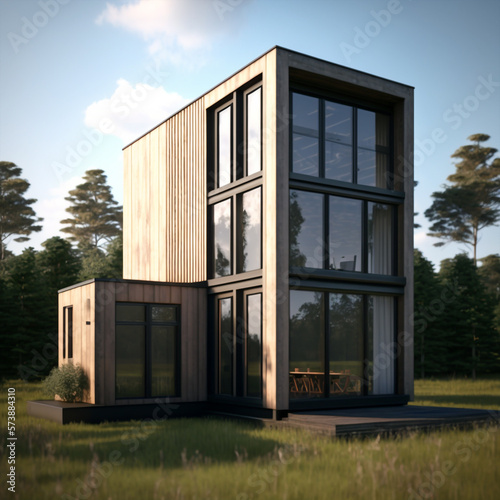 ecologic wooden house with large windows embedded in nature, ai generated illustration