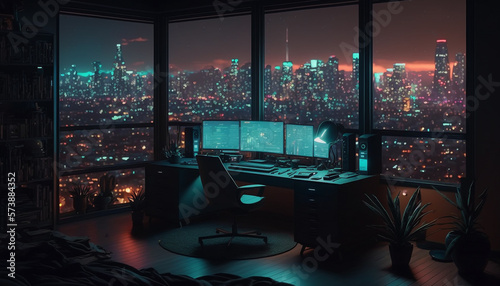 a beautiful skyline view at night from retro futuristic home office with multiple computer screen, home working/gaming location, ai generative illustration