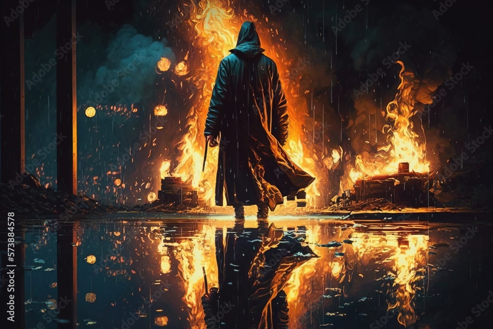 A man in a hooded jacket standing in front of a fire with a reflection ...