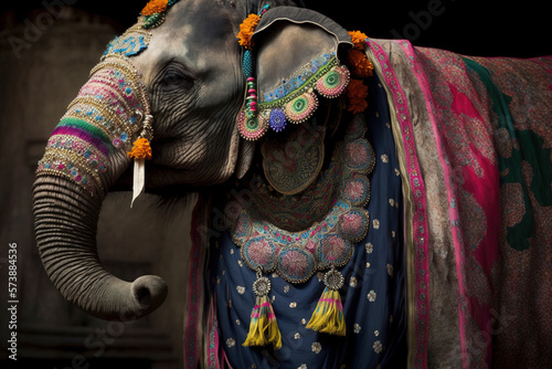 adorned elephant dressed in rich ornate fabrics for hindu worship created with Generative AI technology