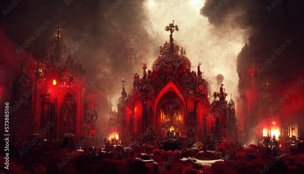 The interior of a cathedral in hell full of demons, Bible illustration. Generative AI