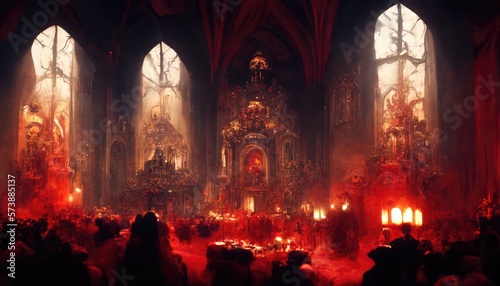 The interior of a cathedral in hell full of demons, Bible illustration. Generative AI © Kanachi Graphics