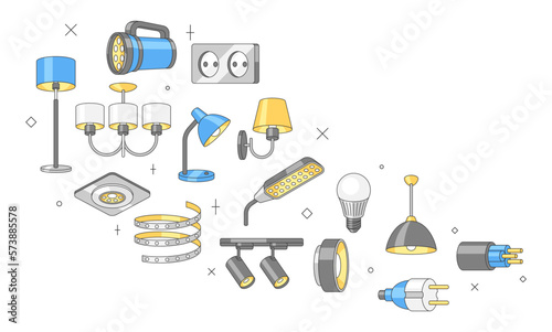 Background with electric lightings and lamps. Electrical equipment. Industrial or business design.