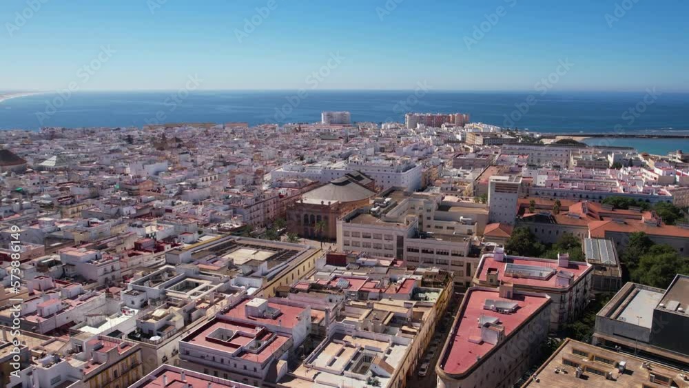 Aerial View of Gran Teatro Falla Theater and Cityscape of Cádiz, Spain, Drone Shot