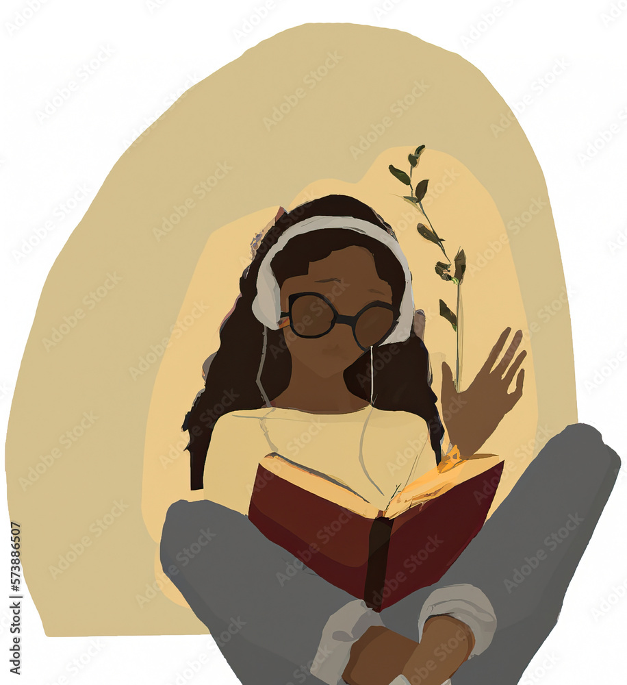 An illustration of a woman reading with headphones on