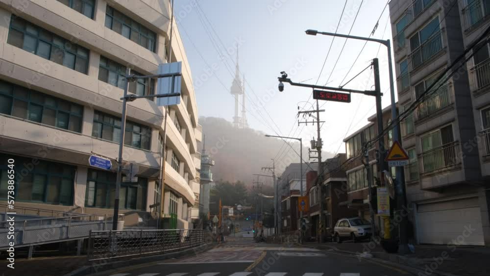 Wide angle static shot of street and Namsan Tower in Seoul city, Korea Wide angle static shot of street and Namsan Tower in Seoul city, Korea