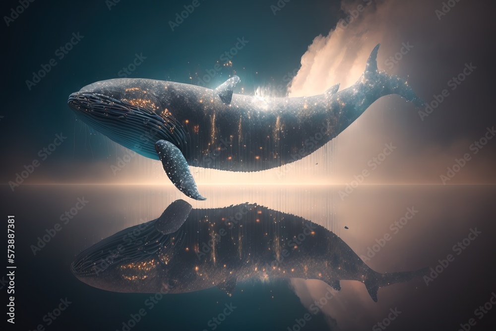 A whale is floating in the water with its tail extended and its head ...