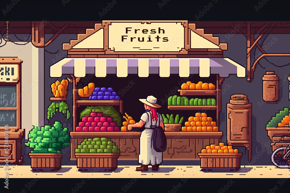 Pixel art game background with a food stall at a farmers market. Generative AI. - obrazy, fototapety, plakaty 