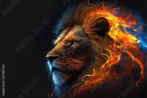 Beautiful and domineering lion in a magical flame on a black background AI © Terablete