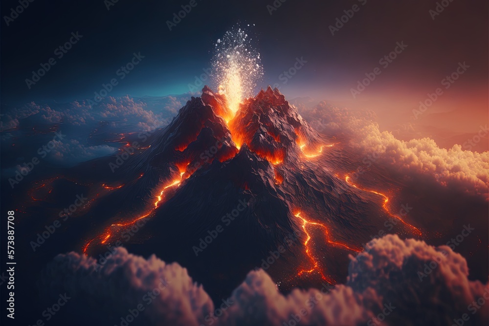 Terrible active volcano in clouds of volcanic ash top view AI - obrazy, fototapety, plakaty 