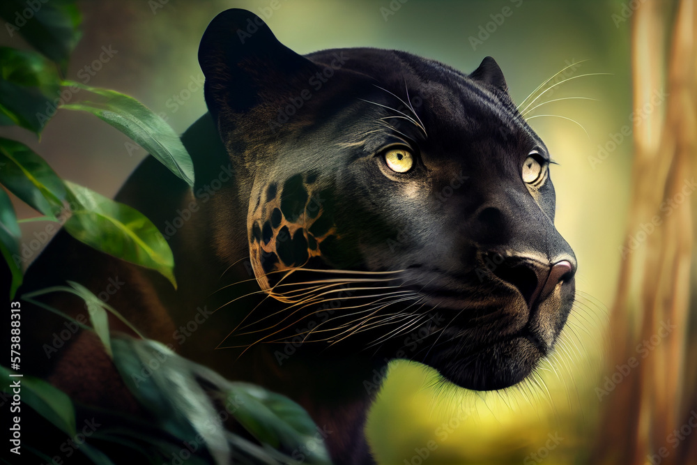 Portrait of a panther in dense thickets in the jungle. AI generated