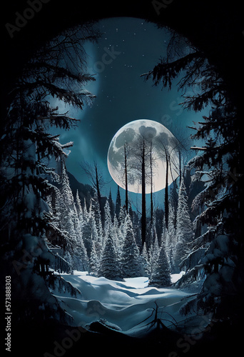 Full moon over a picturesque winter landscape. AI generated
