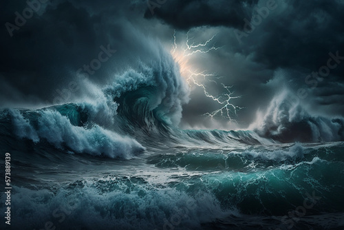 Storm over the ocean with big waves in a dark style, raging sea, lightning and thunder, generated ai
