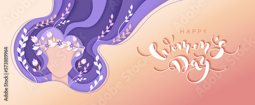 Creative Womens day paper cut banner. 8 march greeting card with a woman face, purple flowing hair, flowers and leaves. Spring background. Vector illustration.