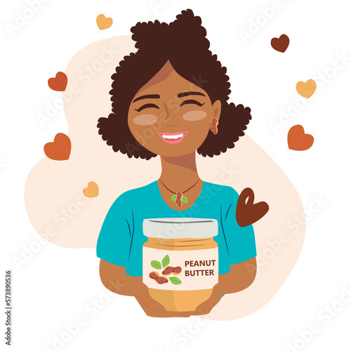 Smiling african girl with a peanut buttter bottle jar. Vector Illustration for National Peanut Butter Lovers Day on hearts background. photo