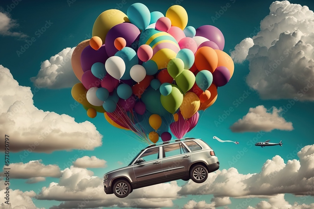 A car is flying in the air with balloons on it's back and a plane ...