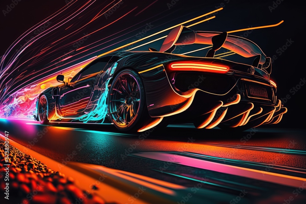 Surging Acceleration of a Supercar on a High-Speed Track of Neon Glare Generative AI	