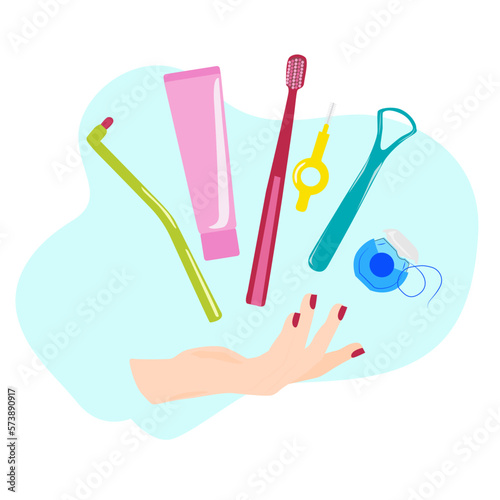 A hand and toothbrush, dental floss, interdental brush, toothpaste and tongue scraper. Dental hygiene, whitening and treatment, flat vector illustration isolated on blue background.