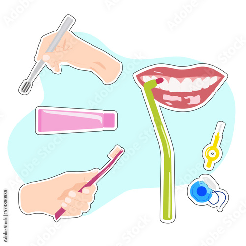 Colorful poster with products for healthy teeth. Dental hygiene, whitening and treatment, flat vector illustration isolated on blue background.