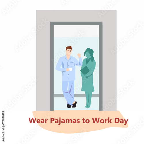 Wear Pajamas to Work Day. Office workers in good mood. April event. Vector illustration. Man and woman in pajamas going to work. Cartoon business people in elevator with open doors.