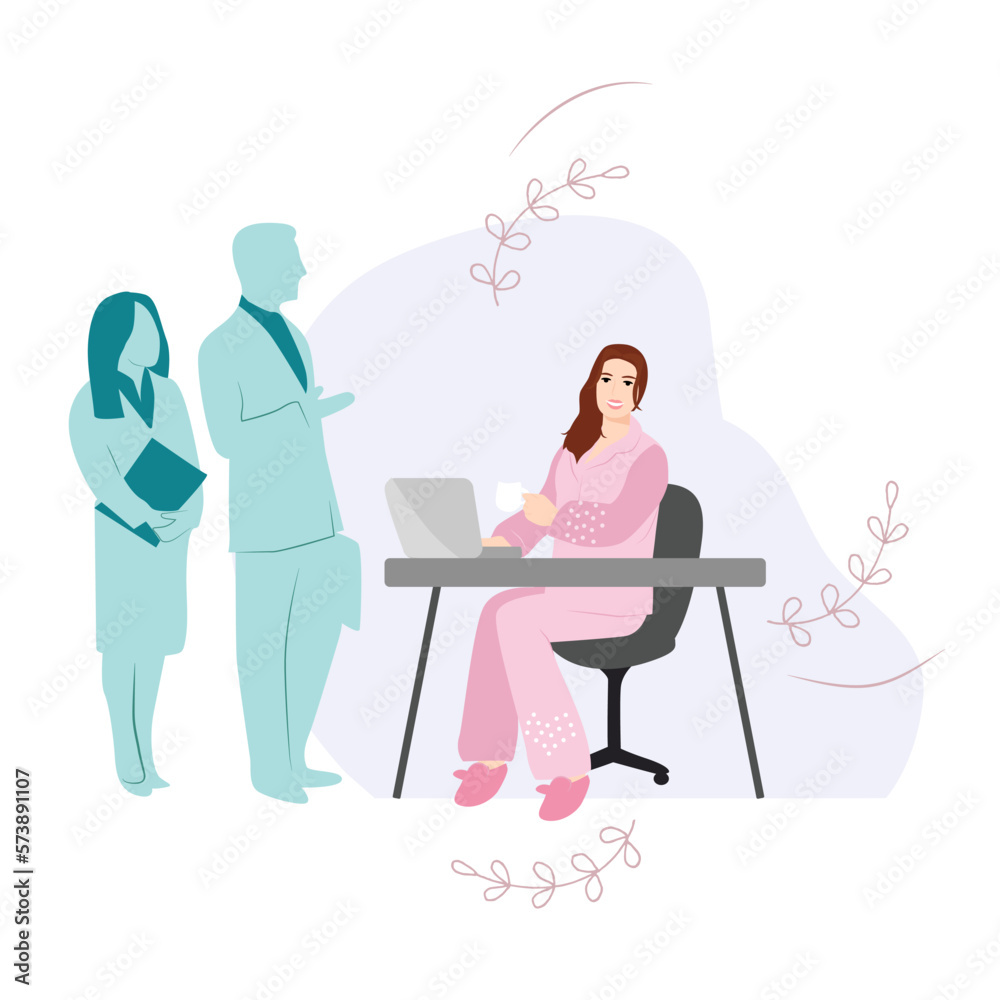 Wear Pajamas to Work Day. Woman in pajamas working on laptop. Office workers in good mood. April event. Vector illustration.  Cartoon business people in office.