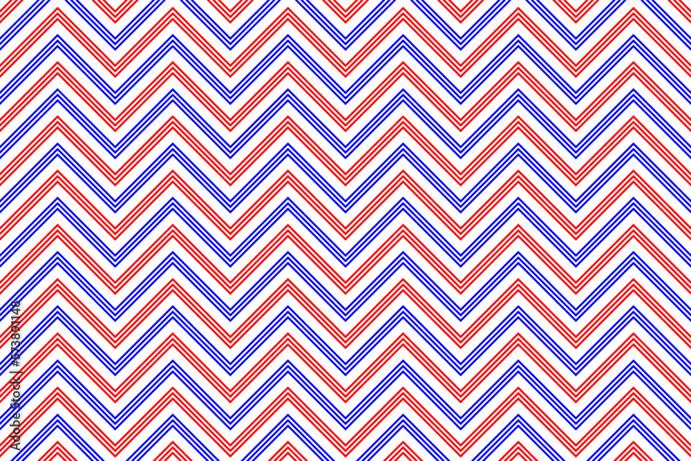 Red and blue zigzag chevron lines fabric pattern on white background vector. Saw tooth or wave stripes pattern. Wall and floor ceramic tiles pattern. Red and blue zigzag chevron lines fabric pattern on white background vector. Saw tooth or wave stripes pattern. Wall and floor ceramic tiles pattern.