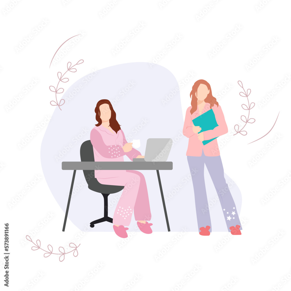 Wear Pajamas to Work Day. Vector illustration.Office workers in good mood. Two women working in office. Cartoon business people. Wear Pajamas to Work Day. Vector illustration.Office workers in good mood. Two women working in office. Cartoon business people.