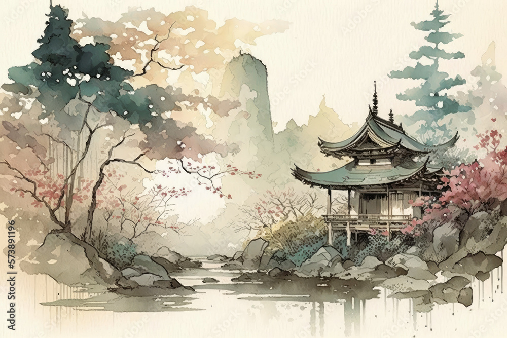 Chinese ink landscape painting created digitally Japan traditional sumi