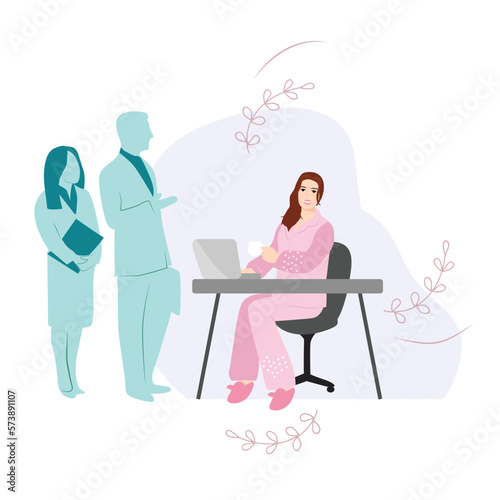 Wear Pajamas to Work Day. Woman in pajamas working on laptop. Office workers in good mood. April event. Vector illustration. Cartoon business people in office.