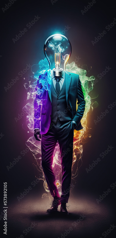 A huge light bulb wearing a suit, colorful lighting. Generative AI. A huge light bulb wearing a suit, colorful lighting. Generative AI.