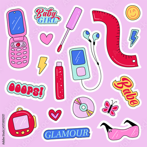 A set of stickers in the style of Y2K. Cute pink doodle 2000s pack