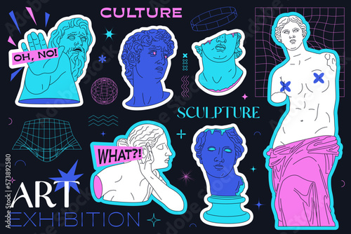 A set of ancient Greek statues in a modern line style. Sculptures in neon colors, a set of antique trend stickers. Editable stroke
