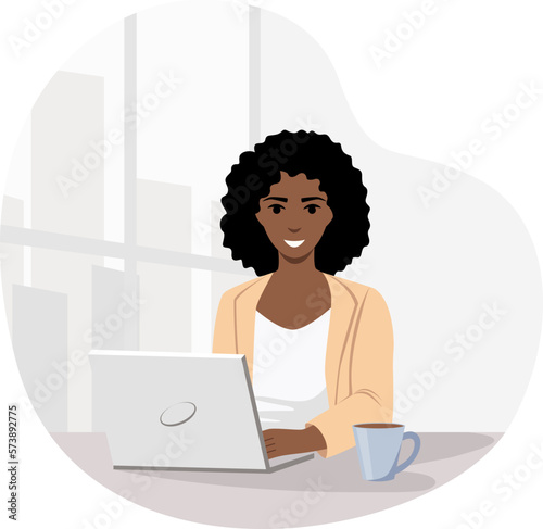 Vector illustration of a dark-skinned girl working on a laptop in the office. The concept of a successful office worker, self-organization, working day.