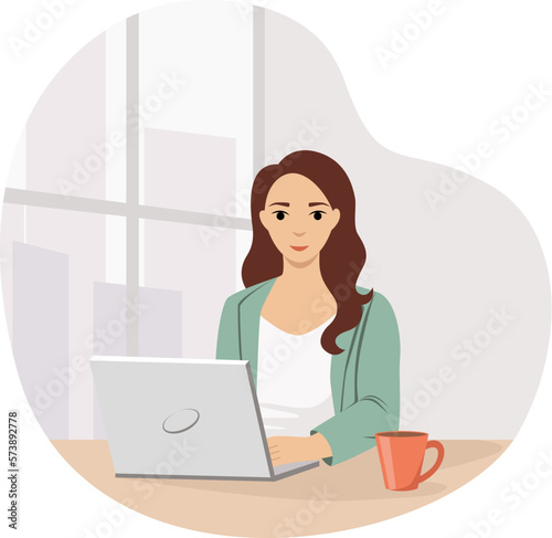 Vector illustration of a  girl working on a laptop in the office. The concept of a successful office worker, self-organization, working day.