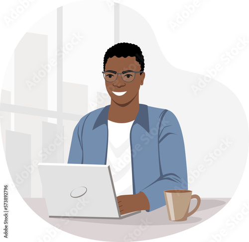 Vector illustration of a dark-skinned man working on a laptop in the office. The concept of a successful office worker, self-organization, working day.