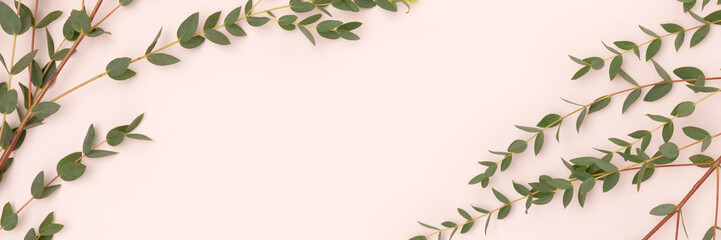 Banner with frame made of eucalyptus branches on a beige background.